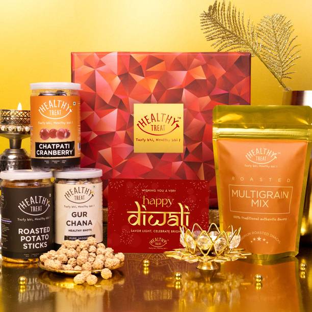 Healthy Treat Diwali Glow Gift Hamper | Roasted Snacks with Crystal Diya and Diwali Card Assorted Gift Box