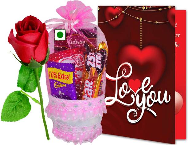 Midiron Decorative Basket with Chocolate Bar, Love Card, Red Rose, Gift for Girlfriend, Wife, Fiancée, On Valentine Day, Anniversary, Birthday and Special Occasion Plastic Gift Box