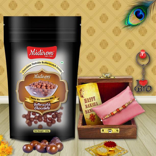 Midiron Wooden Rakhi Gift Hamper with Card, Chocolates & Festival Ritual Kit Assorted Gift Box