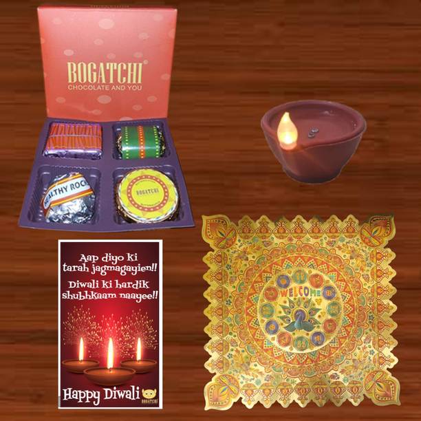 BOGATCHI Crackle Chocolate Box Metallic Square Floor Rangoli Water Diya Diwali Gree Ceramic Gift Box
