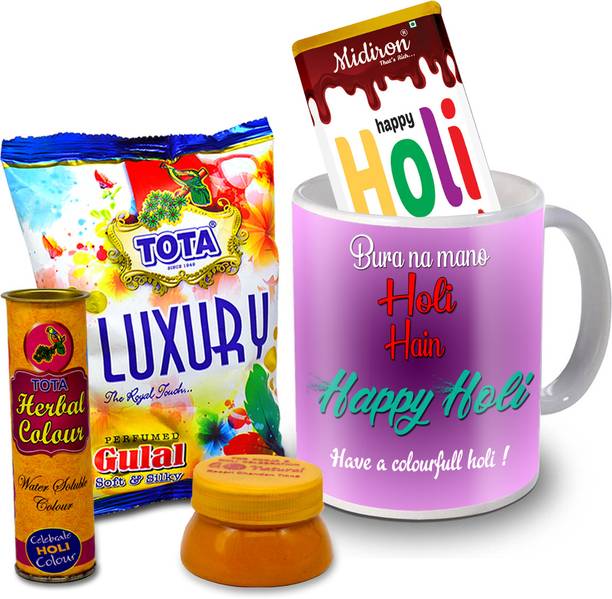 Midiron Holi Celebration Chocolate Gift Hamper|Holi Wishing Card|Holi Herbal Color Ceramic Gift Box