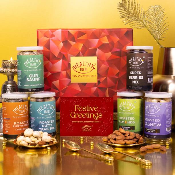 Healthy Treat Royal's Treat Diwali Gift Hamper, Roasted Snacks, Dry Fruits with Greeting Card Assorted Gift Box