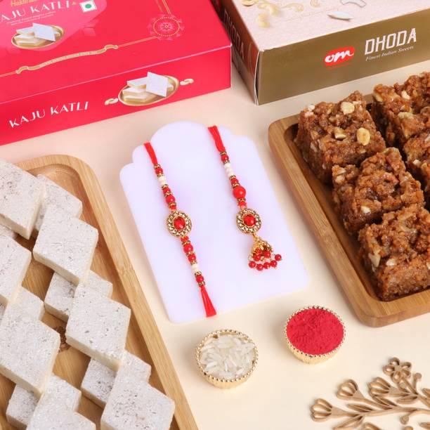 Floweraura Red Pearl Beaded Bhaiya Bhabhi Rakhi With 250g Kaju Katli & 250 Dodha Burfi Paper Gift Box