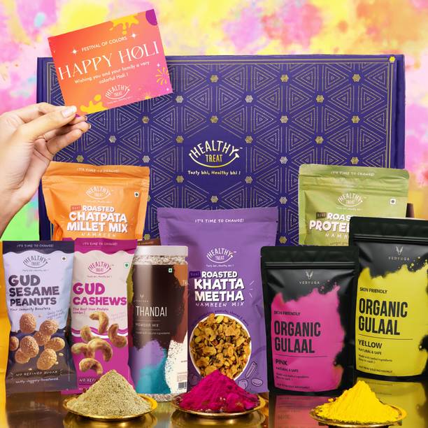 Healthy Treat Colourful Holi Gift Hamper | Roasted Snacks, Thandai & Herbal Gulal Assorted Gift Box