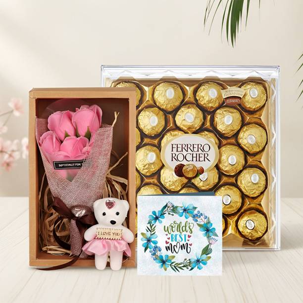 TIED RIBBONS Mother’s Day Gift Combo – Artificial Flower Bouquet, Chocolate, Greeting Card Assorted Gift Box
