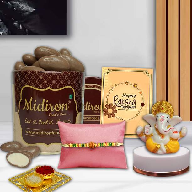 Midiron Raksha Bandhan Combo for Brother Rakhi, Chocolates, Ritual Pack & Ganpati statue Assorted Gift Box