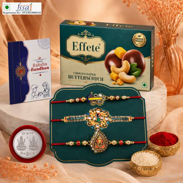 Effete Rakhi With Chocolate|Roli-chawal|Coin|Greeting Card_K3_73+74+75_BS32 Assorted Gift Box