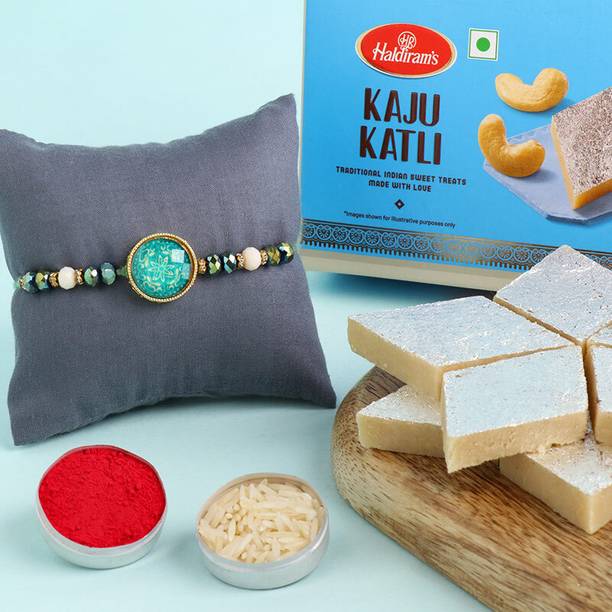 Floweraura Tradational Fancy Rakhi With Roli, Chawal & 250 Gram Haldiram Kaju Katli Assorted Gift Box