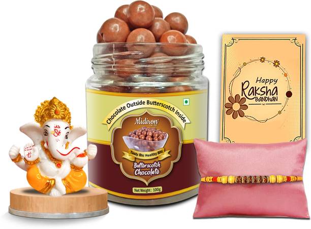 Midiron Ganesh Rakhi Surprise Box – Sweet Treats, Puja Kit & Heartfelt Rakhi Assorted Gift Box