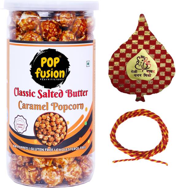 Popcorn Fusion Caramel Popcorn with Bhai Dooj Tikka, Thread, Chawal, Roli Plastic Gift Box