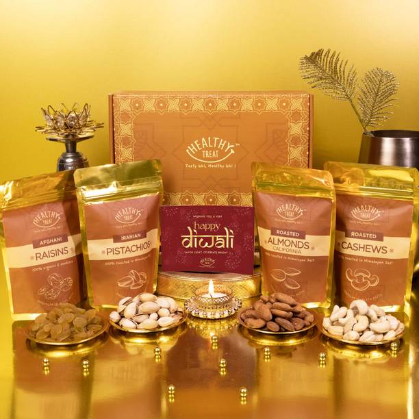 Healthy Treat Heavenly Nut Mix Diwali Gift Hamper | Roasted Dry Fruits, Diya, & Diwali Card Assorted Gift Box