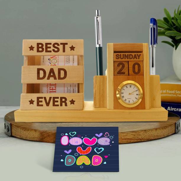 TIED RIBBONS Father's Day Gift for Dad from Daughter Printed Greeting Card and Engraved Wooden Pen Stand with Clock and Calendar Wooden Gift Box