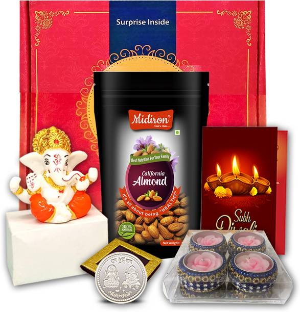 Midiron Diwali Gift Hamper – Almond, Coin Candle & Card for Celebrations Assorted Gift Box