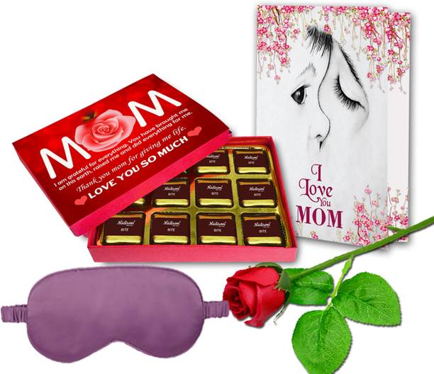 Midiron Mother day Gift for Mom with Chocolate, Sleeping Eye Mask, Rose and Card Silk Gift Box
