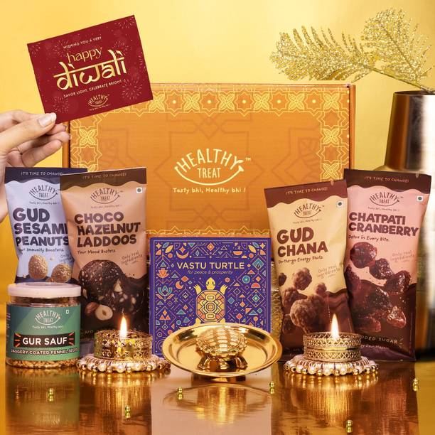 Healthy Treat Wholesome Treats Diwali Gift Hamper | Roasted Snacks, Vastu Turtle, Diya & Card Assorted Gift Box