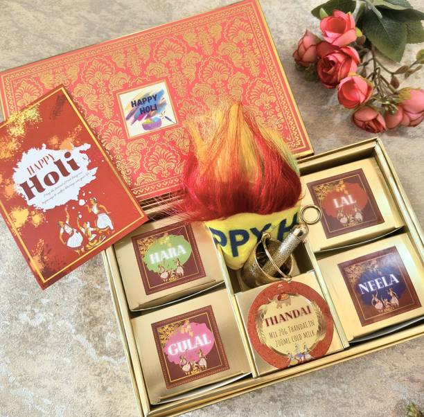 NutriSnacksBox Holi Gift Hamper 7Pc Gulal, Thandai, Balti & Pichkari Paper Gift Box