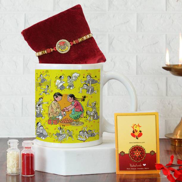 TIED RIBBONS Rakshabandhan Gift for Brother Combo Designer Rakhi, Printed Coffee Mug (325 ml) and Greeting Card with Roli Chawal Ceramic Gift Box