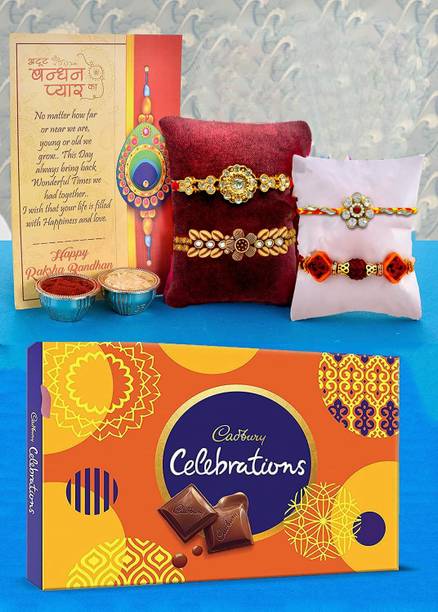 Flipkart SmartBuy Rakhi Set of 4 for Brother with Cadbury Chocolate Combo Gift Hamper for Rakshabandhan, Rakhi for Brother Gift, Multicolor Cotton Gift Box