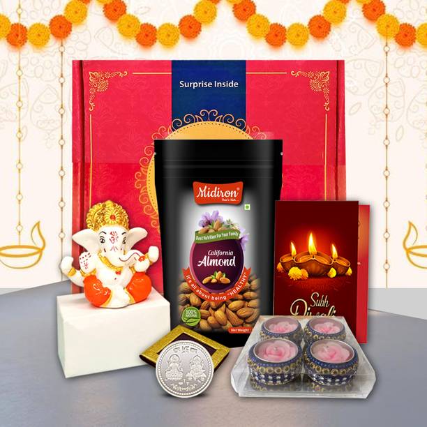 Midiron Diwali Gift Hamper – Almond, Coin Candle & Card for Special Celebrations Assorted Gift Box