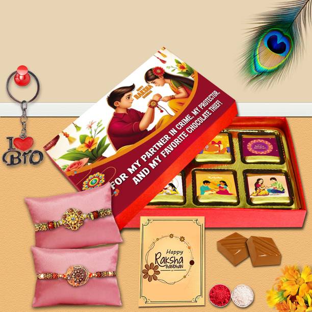 Midiron Brother’s Rakhi Gift Pack with 2 Rakhis, Chocolates, Card & Roli Akshat Assorted Gift Box
