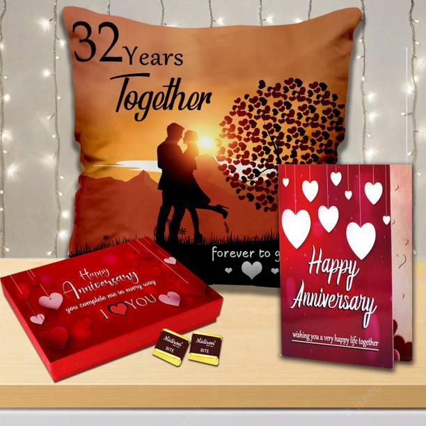 Midiron Anniversary Gift For Wife with Chocolate Box, Printed Cushion & Card Fiber Gift Box
