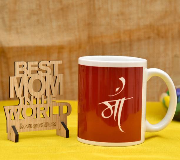THE CLICK INDIA Maa Printed Mother's Day With Wooden Showpiece Gift For Mom/Mummy/Maa Ceramic Coffee Mug