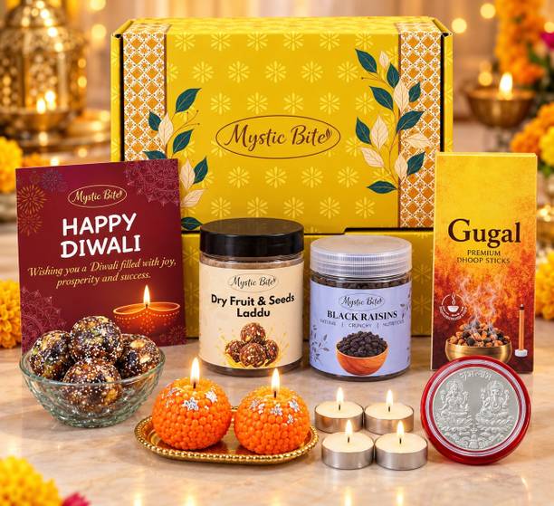 MYSTIC BITE Diwali Gift Hamper with Dry Fruit Seeds Laddu & Black Raisins | Tealight & Coin Assorted Gift Box