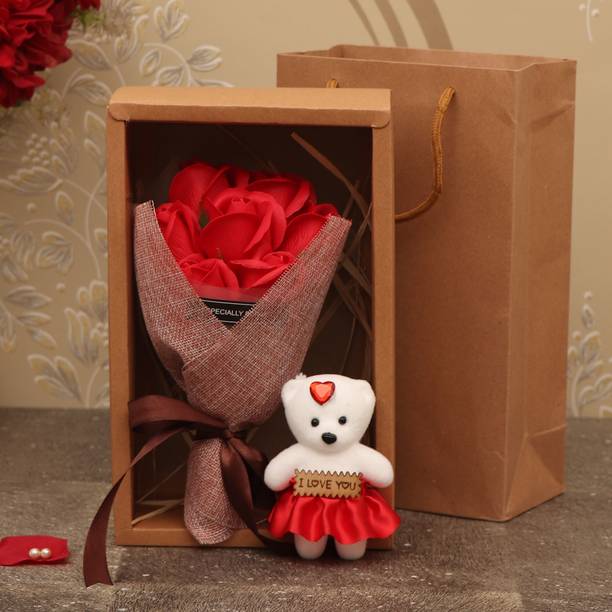 TIED RIBBONS Valentine Day Gift for Girlfriend Wife Women Artificial Rose Bouquet with Teddy Paper Gift Box
