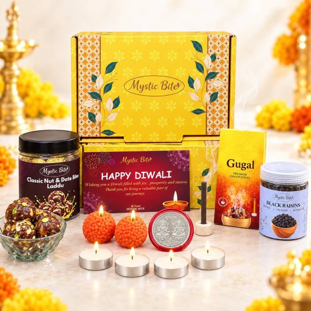 MYSTIC BITE Diwali Gift Hamper with Dryfruit Dates Laddu & Black Raisins | Tealight & Coin Assorted Gift Box
