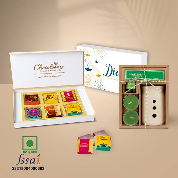 Chocoloony Diwali Gift Hamper, Chocolate Box with Aroma Oil Burner Gift Set for Loved Ones Paper Gift Box