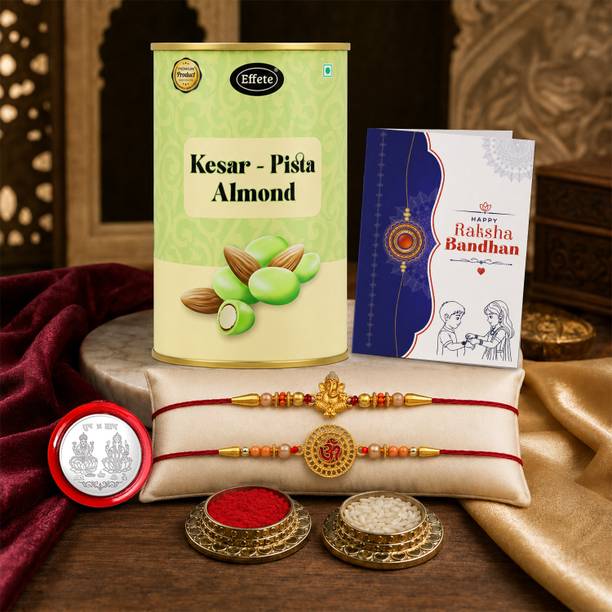 Effete Designer Rakhi Set-2|Chocolate Kesar Pista(96g)|Roli Chaval|K2_4+5_KP96 Assorted Gift Box