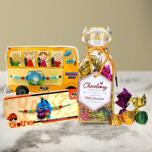 Chocoloony Chocolate Rakhi Gift Combo for Kids 20 PVC Pack, 2 Rakhi Set, Roli Chawal Assorted Gift Box