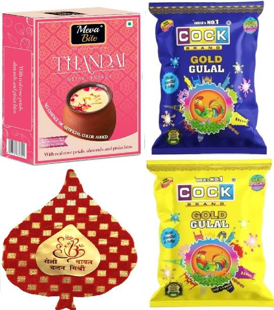 Velour Shoppe Holi Tikka- Meva Thandai Box, Roli Tikka with 2 Herbal Natural Gulal Colors Assorted Gift Box