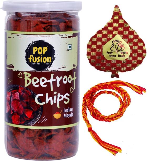 Popcorn Fusion Bhai Dooj Gift Healthy Beetroot Chips with Silk Thread, Roli, Chawal, Chandan Cotton Gift Box