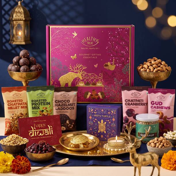 Healthy Treat Anmol Diwali Gift Hamper | Roasted Snacks Berries Laddoos & Diwali Greeting Card Assorted Gift Box