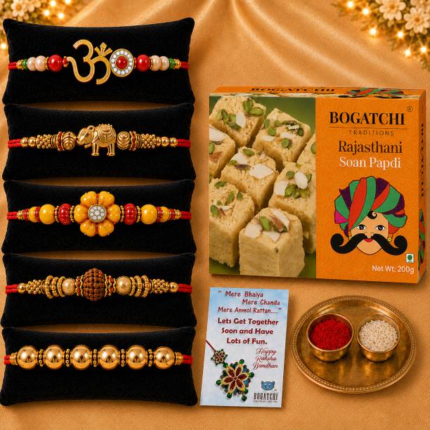 BOGATCHI Rakhi Box 5 Heart + 5 Regular Rakhis, Roli-Chawal & Greeting Card Assorted Gift Box