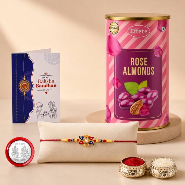 Effete Designer Rakhi With Chocolate Rose Almond(96g)|Roli-Chaval|K1_312_RA96 Assorted Gift Box
