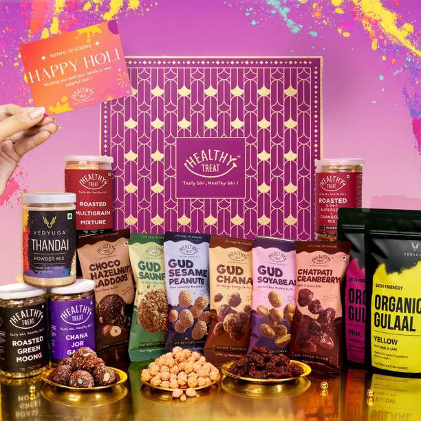 Healthy Treat Dhamaka Holi Gift Hamper| Roasted Snacks Hazelnut Laddoo, Thandai & Herbal Gulal Assorted Gift Box