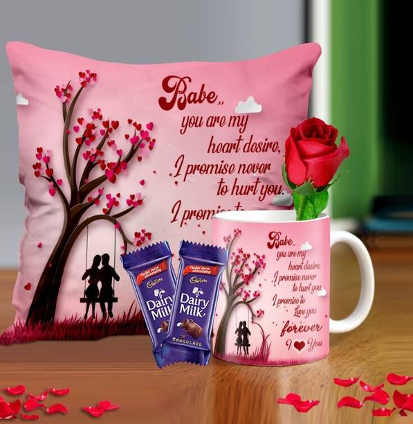 Midiron Romantic Love Gifts, Cushion with Coffee Mug and Rose, Chocolate, Gift for Girlfriend, Gift for wife, Gift for Husband on Birthday, Anniversary, and Valentine Day (Pack 4) Ceramic, Microfibre Gift Box