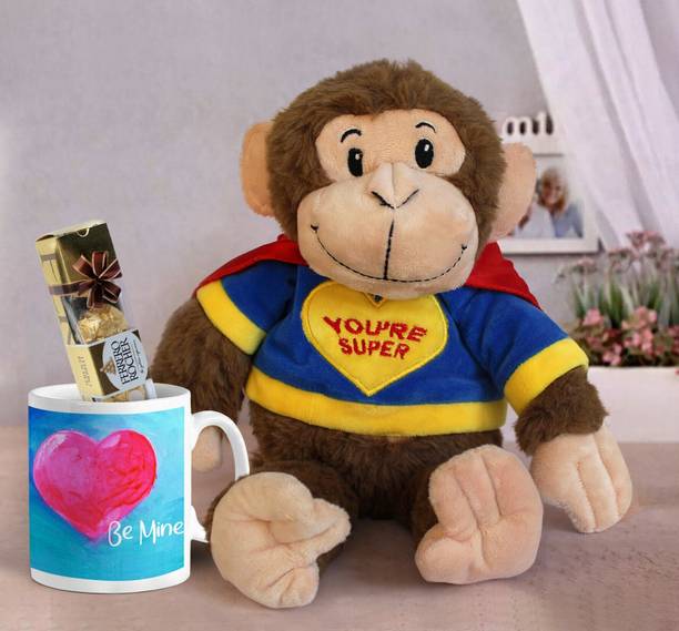 TIED RIBBONS Valentine's Day Combo Set for Fiance, Fiancee, Boyfriend, Girlfriend, Him, Her Gift Pack(Super Monkey Teddy with Ferrero Rocher Chocolate Box and Coffee Mug) Ceramic Gift Box