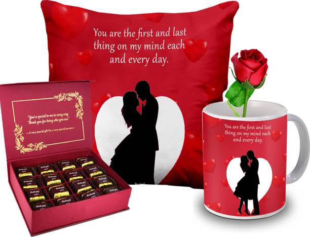 Midiron Valentine’s Day Gift combo For Girls/Her/him (Mug, Cushion, Rose,Chocolate) Ceramic, Microfibre Gift Box