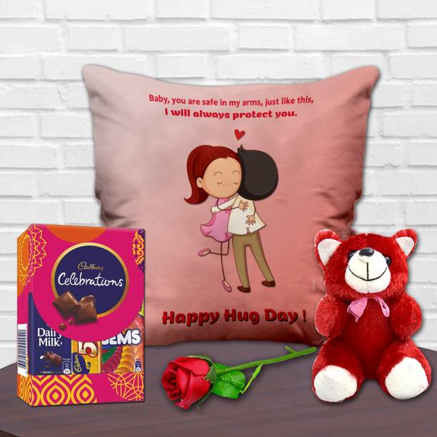 Midiron Hug Day Romantic Combo For Wife/Girlfriend with Cushion & Artificial Rose Fiber Gift Box