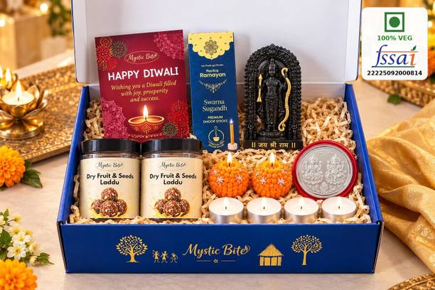 MYSTIC BITE Diwali Gift Hamper with Shri Ram Idol & 2 Dry Fruit Seeds Laddu | Pooja Set Assorted Gift Box