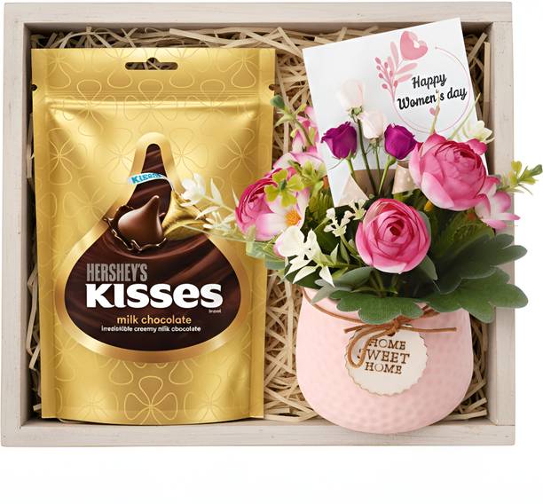 TIED RIBBONS Women’s Day Combo | Artificial Flower Pot, Chocolate, Greeting Card Assorted Gift Box