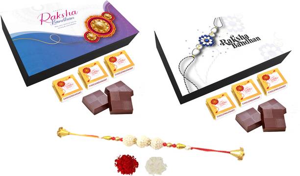CHOCOINDIANART Perfect Pair Chocolate Gift Box for Raksha Bandhan Pack of 2 with Rakhi Wooden Gift Box