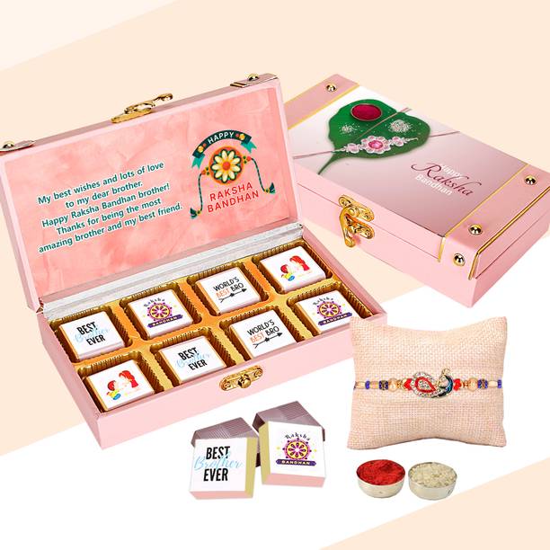 Chocoloony Rakhi for Brother, Raksha Bandhan Combo Pack for Brother 8pcs Chocolate & Rakhi Wooden Gift Box