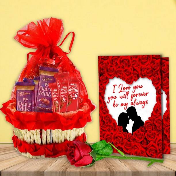 Midiron Valentine's Day Gift Set: Chocolate Basket, Artificial Rose & Love Greeting Card Assorted Gift Box