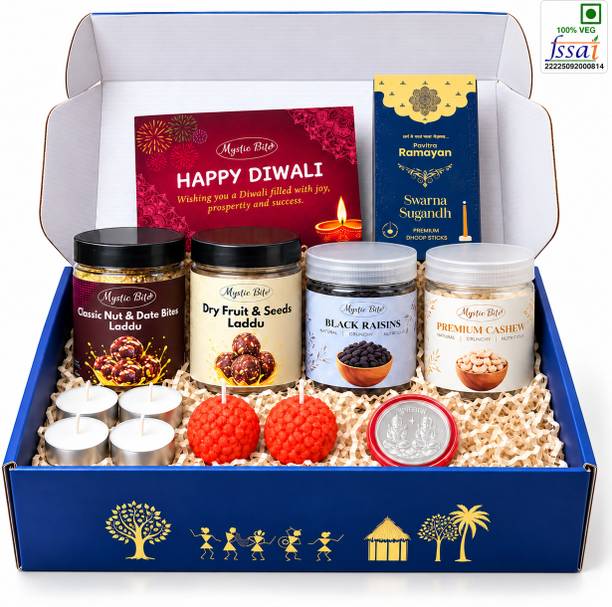 MYSTIC BITE Diwali Dry Fruit Gift Hamper with 2 Laddu, Cashew & Black Raisins | Pooja Set Assorted Gift Box