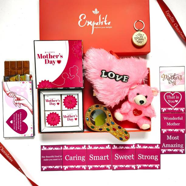 Expelite Mothers Day Chocolate Gift Hamper Mom Greeting Cards Keychain TeddyBear mirror Assorted, Glass, Paper, Wooden Gift Box
