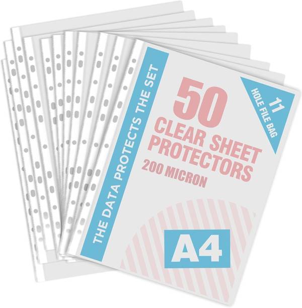 Occel PLASTIC Transparent Document Sleeves, Leaf Sheet Clear Certificates, Waterproof Sheet Protectors 11 Holes Punched Ring Files Folder (A4 Size)Heavy Duty 50 Pcs 200 Micron